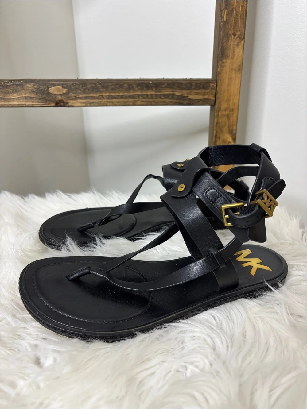 Michael Kors Black Leather Strappy Sandals with Gold MK Accent Size 7